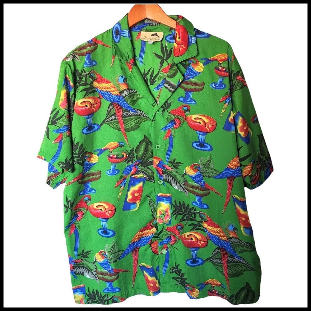 Vintage Ramp Rage Men's Parrot Print Beach Short Sleeve Shirt XL Bright Print‎